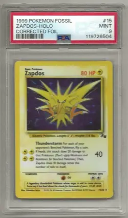 ZAPDOS - 1999 Pokemon Fossil Holo - Corrected Foil #15/62 - Graded 9 (2511a) - Image 1