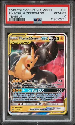 [PSA 10] Pikachu and Zekrom GX 33/181 Team Up Tag Team Holo Full Art POKEMON - Image 1