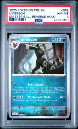 2025 POKEMON PRE EN-PRISMATIC EVOLUTIONS MASTER BALL REVERSE HOLO UMBREON PSA 8 - Image 1