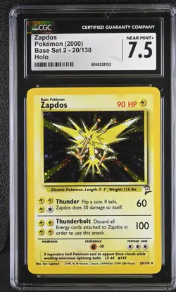Pokemon CGC 7.5 Zapdos 20/130 - Base Set 2 SWIRL, 2000 Holo Rare - Image 1