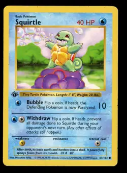 1999 WOTC POKEMON BASE SET SHADOWLESS 1ST EDITION SQUIRTLE 63/102 COMMON MP B - Image 1