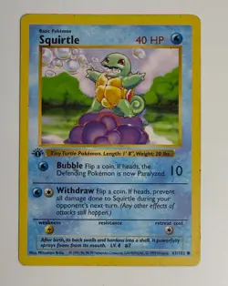 1999 WOTC POKEMON BASE SET SHADOWLESS 1ST EDITION SQUIRTLE 63/102 COMMON MP B - Image 3