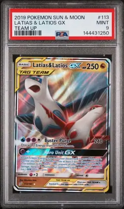 2019 POKEMON SUN & MOON TEAM UP #113 LATIAS & LATIOS GX TEAM UP PSA 9 (Q250 - Image 1
