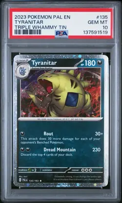2023 POKEMON PAL EN TYRANITAR TRIPLE WHAMMY TIN #135 COSMO HOLO PSA 10 POP 65 - Image 1