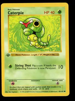 1999 WOTC POKEMON BASE SET SHADOWLESS 1ST EDITION CATERPIE 45/102 COMMON NM B - Image 1