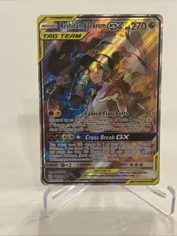 2019 Pokemon Cosmic Eclipse Reshiram and Zekrom GX Tag Team 2019 222/236 HP DMG - Image 1