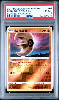 2017 POKEMON SUN & MOON BURNING SHADOWS #68 LUNATONE-REVERSE FOIL PSA 8 - Image 1