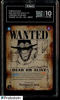 2025 One Piece OP13 EN 119 Portgas D. Ace Wanted Error TAG Score 975 10 GEM MINT - Image 1