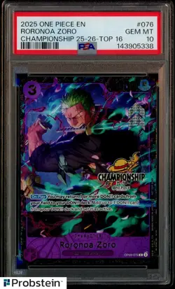 2025 One Piece OP09-076 Roronoa Zoro Top 16 Regional Championship Card PSA 10 - Image 1