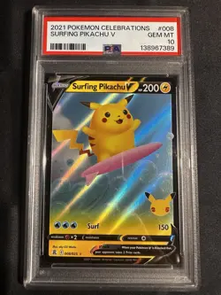2021 POKEMON CELEBRATIONS #008/025 SURFING PIKACHU V PSA 10 - Image 1