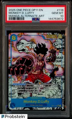 2025 One Piece OP11 EN Manga Alt Art #118 Monkey D. Luffy PSA 10 GEM MINT - Image 1