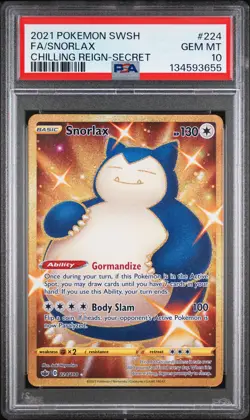 2021 POKEMON SWORD & SHIELD CHILLING REIGN SECRET #224 FULL ART/SNORLAX PSA 10 - Image 1