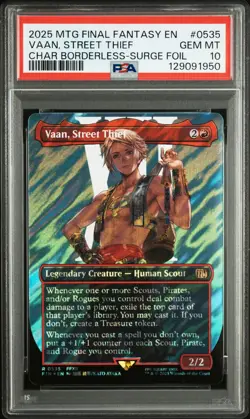 2025 MTG FINAL FANTASY CHARACTER BORDERLESS-SURGE FOIL VAAN, STREET THIEF PSA 10 - Image 1