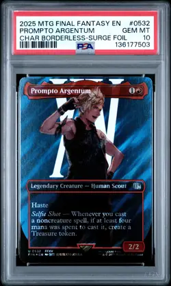 2025 MTG FINAL FANTASY CHARACTER BORDERLESS-SURGE FOIL PROMPTO ARGENTUM PSA 10 - Image 1