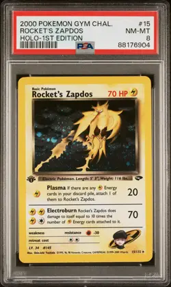 Rocket's Zapdos - 1st Edition - 15/132 Gym Challenge - Pokemon TCG 2000 - PSA 8 - Image 1