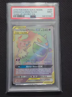 2019 POKEMON TEAM UP #186/181 GENGAR MIMIKYU GX TAG TEAM FA SECRET RARE PSA 9 - Image 1