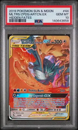 2019 POKEMON SUN & MOON HIDDEN FATES #44 MOLTRES & ZAPDOS & ARTICUNO GX PSA 10 - Image 1