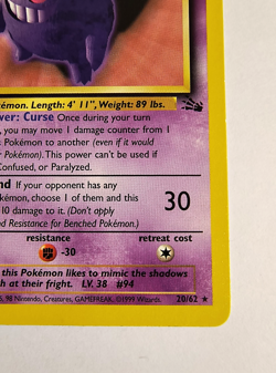 Pokemon WOTC Fossil Gengar 20/62 1st Edition Non-Holo Rare LP - Image 5