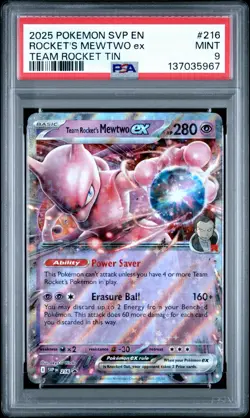 2025 Pokemon SVP Rocket’s Mewtwo ex Team Rocket Tin #216 PSA 9 Mint 132523642 - Image 1