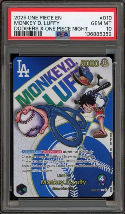 One Piece CCG Monkey.D.Luffy Dodgers X One Piece Night EB02-010 PSA 10 Gem Mint - Image 1