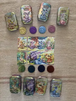 FULL Art set 8 Prismatic Evolutions Mini Tins, Art Card + Coin *NO PACKS* - Image 1
