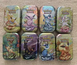 FULL Art set 8 Prismatic Evolutions Mini Tins, Art Card + Coin *NO PACKS* - Image 2