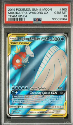 2019 Pokemon TCG Sun & Moon Magikarp & Wailord GX Team up FULL ART PSA 10 - Image 1