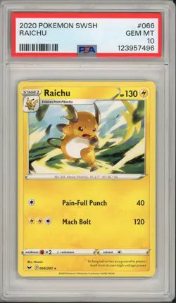 2020 Pokemon Sword & Shield Base Set Raichu #066 PSA 10 - Image 1