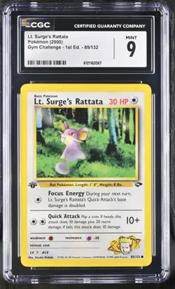 CGC 9 MINT Lt. Surge's Rattata Gym Challenge 1st Edition 85/132 Pokemon Card - Image 1