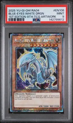 PSA 9 MINT Yugioh Blue-Eyes White Dragon RA04-EN108 Platinum SCR. 8th Art 1st Ed - Image 1