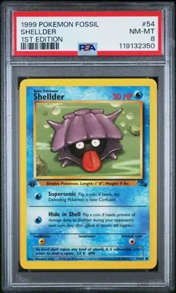 1999 POKEMON FOSSIL Trading Card SHELLDER #54/62 1ST EDITION graded slab PSA 8 - Image 1