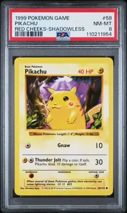 1999 POKEMON BASE SET RED CHEEKS-SHADOWLESS #58 PIKACHU PSA 8 *New Cert* - Image 1