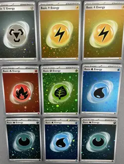 Pokemon 151 Basic Energy COSMOS HOLO Full Set Of (9) NM/MINT - Each Has 1 Swirl - Image 1