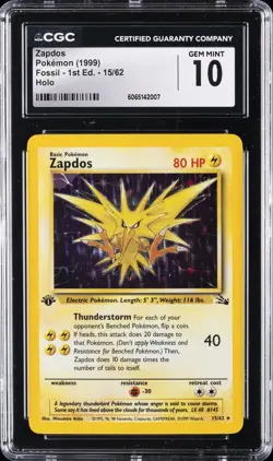 1999 POKEMON FOSSIL 1ST EDITION #15 ZAPDOS CGC 10 - Image 1