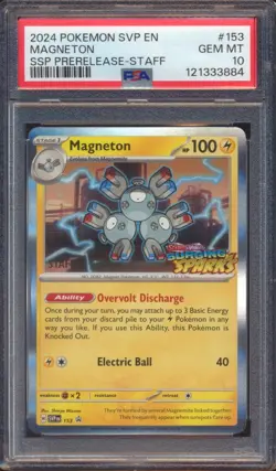 2024 POKEMON SURGING SPARKS MAGNETON #153 SSP PRERELEASE STAFF PROMO PSA 10! - Image 1