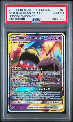 2019 POKEMON SUN & MOON UNBROKEN BONDS #61 MUK & ALOLAN MUK GX PSA 10 - Image 1