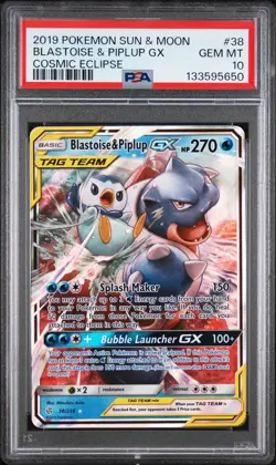 2019 POKEMON SUN & MOON COSMIC ECLIPSE #38 BLASTOISE & PIPLUP GX PSA 10 - Image 1