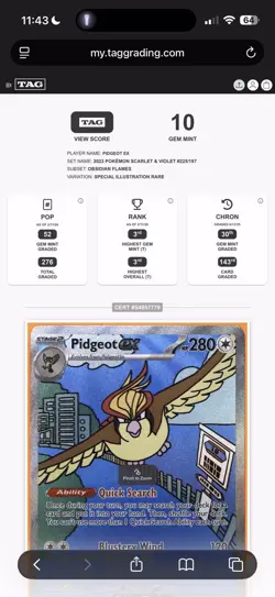Pokemon Pidgeot ex 225/197 Obsidian Flames SIR Holo TAG 10 #02 PSA - Image 3