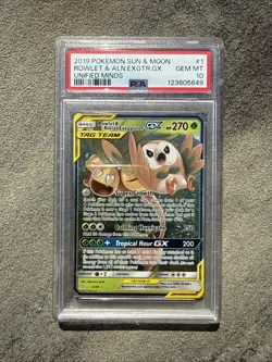 2019 POKEMON SUN & MOON UNIFIED MINDS #1 ROWLET & ALOLAN EXEGGUTOR GX PSA 10 GEM - Image 1