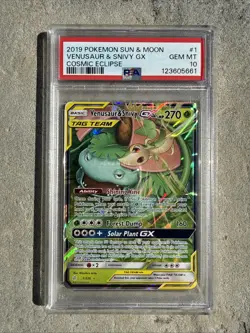 2019 POKEMON SUN & MOON COSMIC ECLIPSE #1 VENUSAUR & SNIVY GX PSA 10 - Image 1
