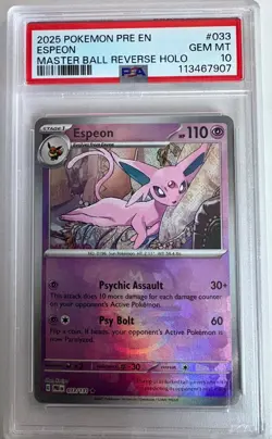 2025 POKEMON PRE EN-PRISMATIC EVOLUTIONS MASTER BALL REVERSE HOLO ESPEON PSA 10 - Image 1
