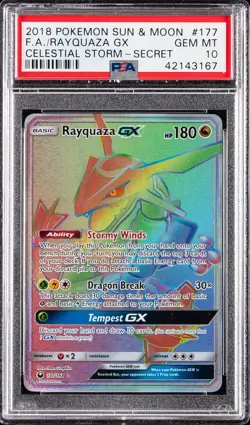 2018 POKEMON SUN & MOON CELESTIAL STORM SECRET #177 FULL ART/RAYQUAZA GX PSA 10 - Image 1