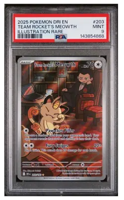 PSA 9 Mint 2025 Pokemon Dri En Team Rocket's Meowth Illustration Rare #203 - Image 1