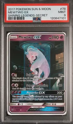 2017 Pokemon Sun & Moon Shining Legends Secret #78 Mewtwo GX PSA 9 MINT - Image 1