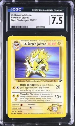 CGC 7.5 NEAR MINT + Lt. Surge's Jolteon Gym Challenge 28/132 Rare Pokemon Card - Image 1