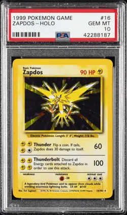 1999 POKEMON BASE SET UNLIMITED #16 ZAPDOS-HOLO PSA 10 - Image 1