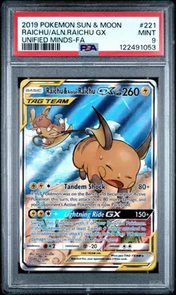 Pokemon PSA 9 Raichu & Alolan Raichu GX 221/236 Unified Minds Full Art MINT - Image 1