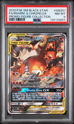 2019 POKEMON SM BLACK STAR PROMO #SM201 FULL ART/RESHIRAM & CHARIZARD GX PSA 8 - Image 1