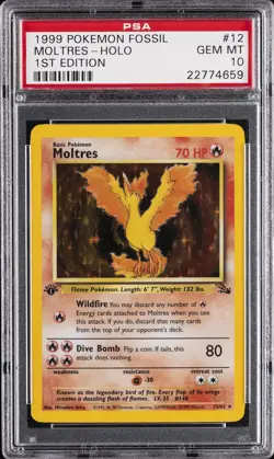 1999 POKEMON FOSSIL 1ST ED #12 MOLTRES-HOLO PSA 10 - Image 1