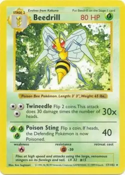 1x Beedrill - 17/102 - Rare - Shadowless Edition Heavily Played Pokemon G1 - Bas - Image 1